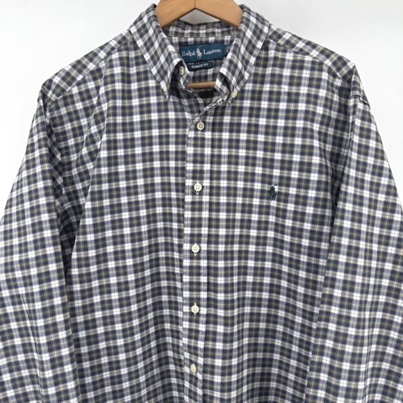 Ralph Lauren Classic Fit Mens XL Plaid Button Down Shirt Navy White Yellow Pony - Picture 3 of 8